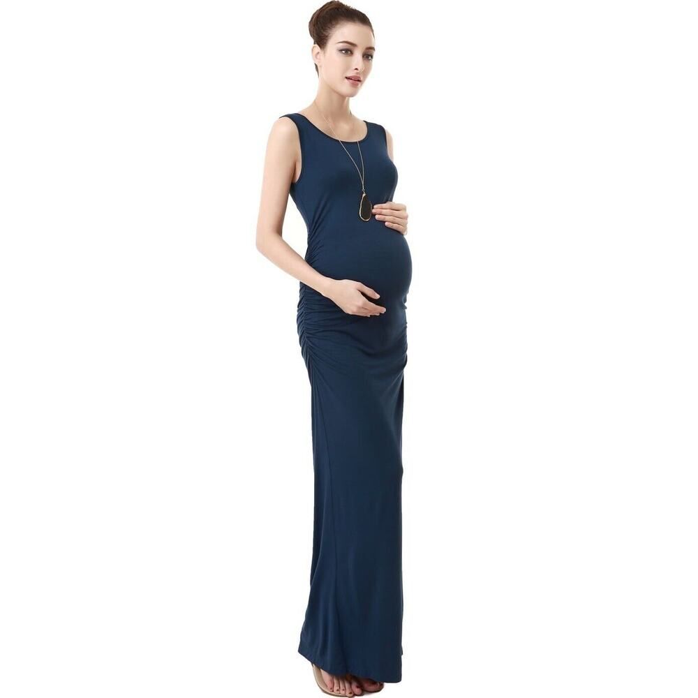 Glow & Grow by Moms Maternity Tank Column Maxi Dress Navy Blue Stretch Ruched M